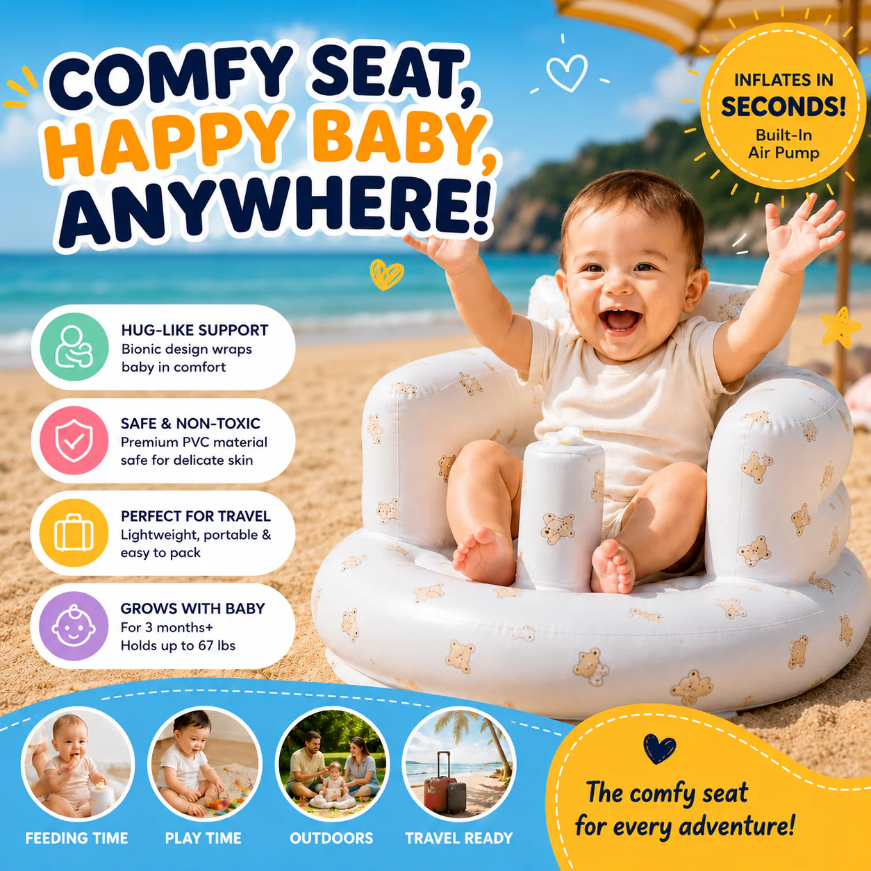 TravelTots™️ - Inflatable Baby Seat with built in air pump
